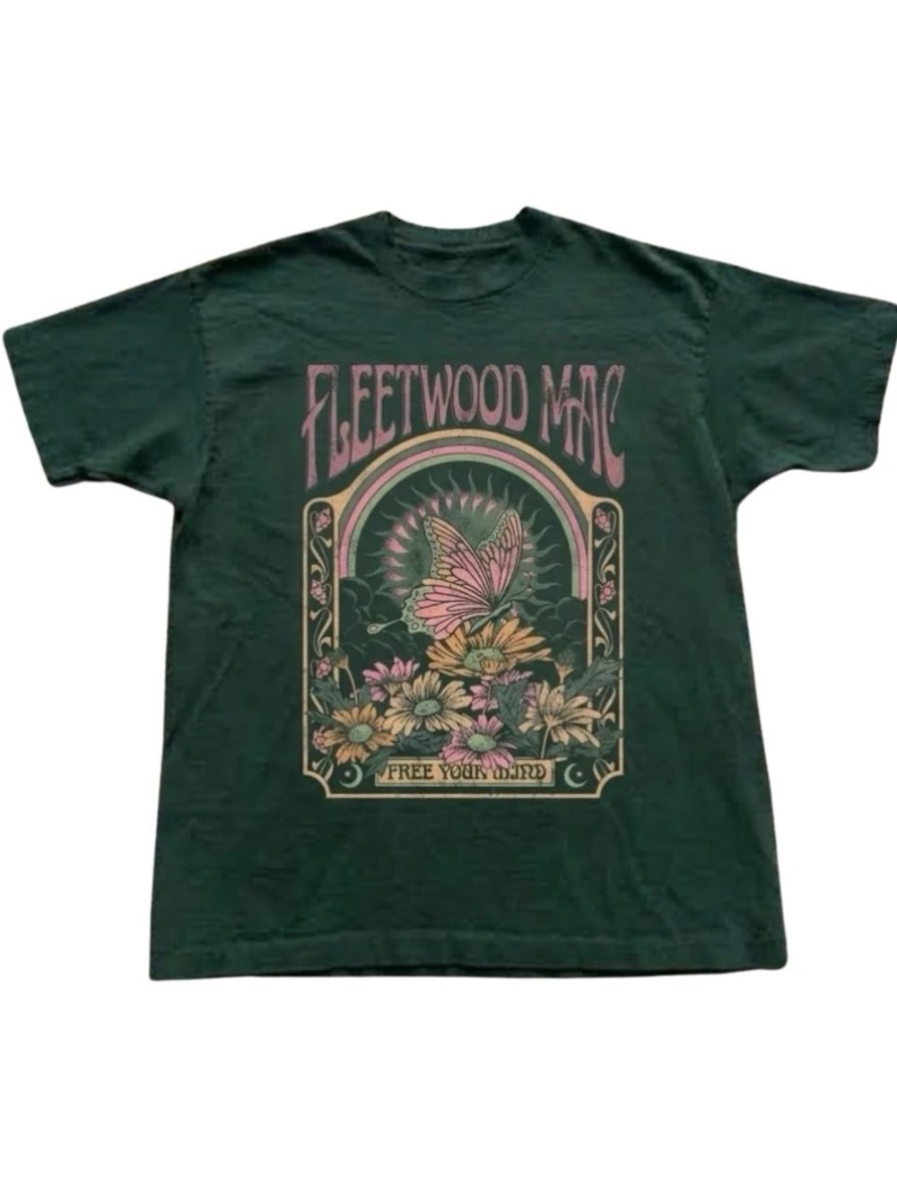 Forest Green Fleetwood Mac Floral Butterfly Graphic Tee